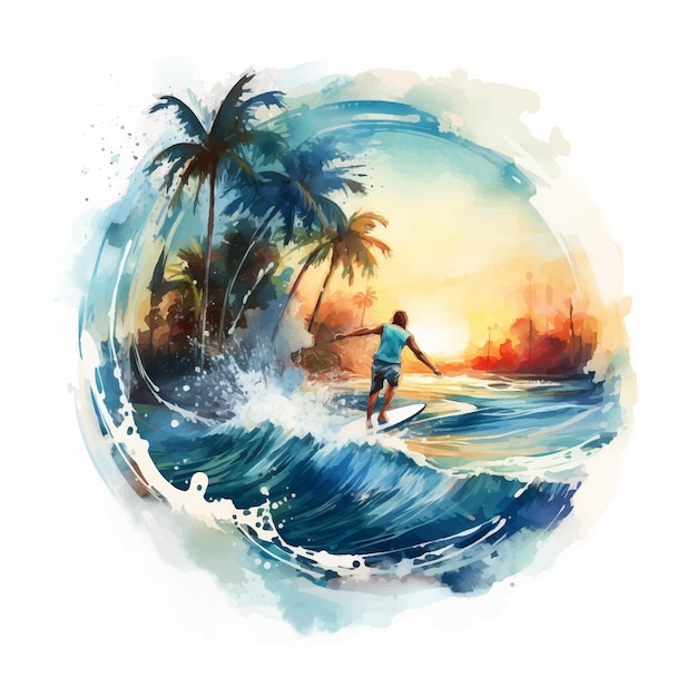 Ilustración de pintura de acuarela de surf de hombre