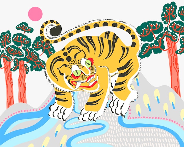 Ilustración de la pintura coreana tradicional de tigre decorativo con árboles y sol