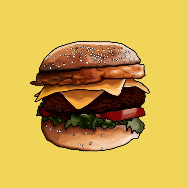 Ilustración de pintura de hamburguesa en estilo acuarela sobre fondo amarillo