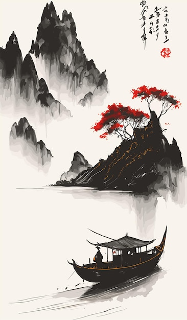 Vector ilustración de una pintura de un paisaje japonés con barcos y montañas.