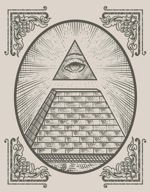 Ilustración pirámide illuminati con estilo de grabado