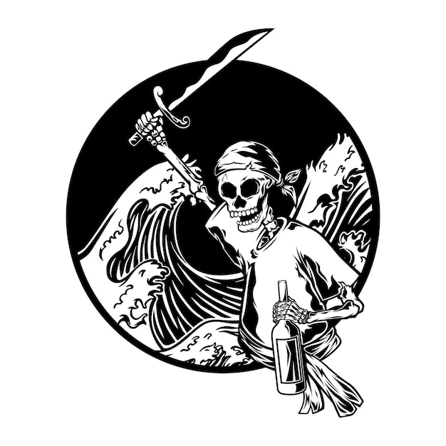 ilustración de pirata cráneo blanco y negro