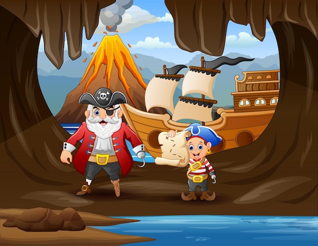 Ilustración de piratas en cueva cerca del mar.