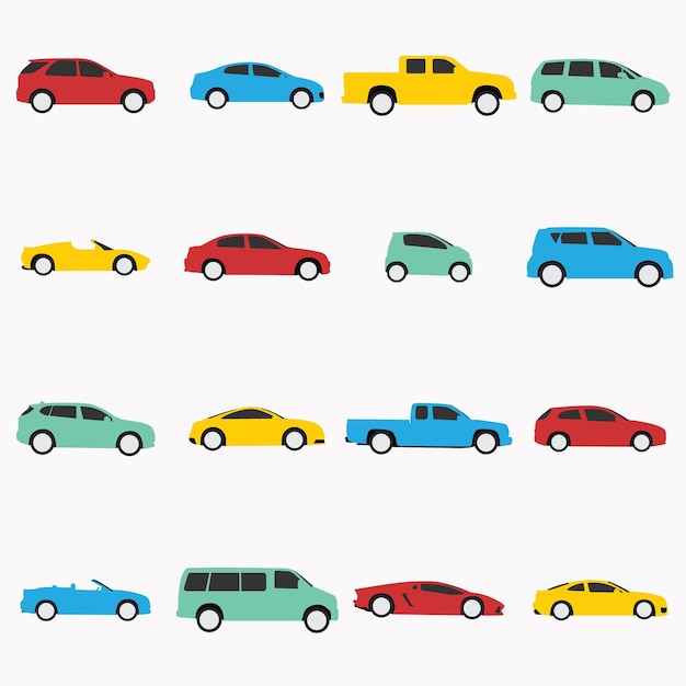 Ilustración de piso de autos de colores con logotipos de iconos de vista lateral