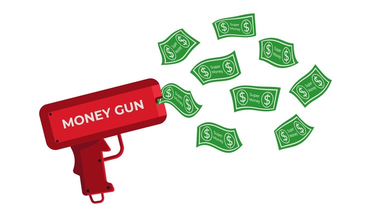Ilustración de la pistola de dinero roja La pistola de dinero rocía dinero de papel verde Ilustración vectorial