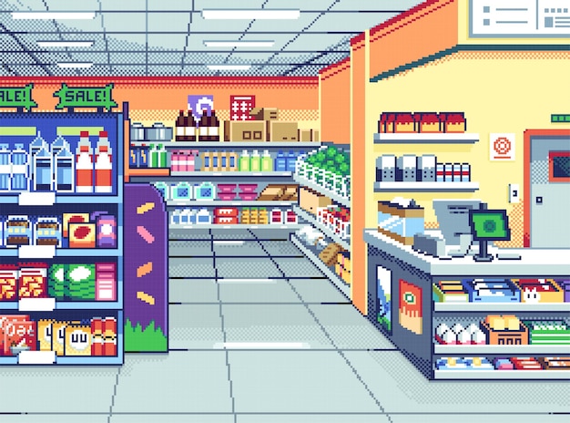 Ilustración en píxeles del fondo del supermercado pixelado dentro de la tienda dentro de la tienda del supermercado