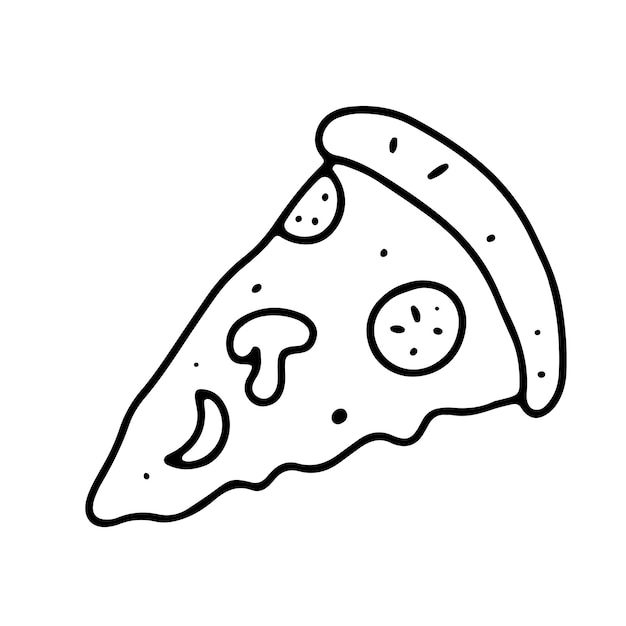 Ilustración de pizza dibujada a mano de dibujos animados lindo Rebanada de pizza en estilo garabato aislado sobre fondo blanco