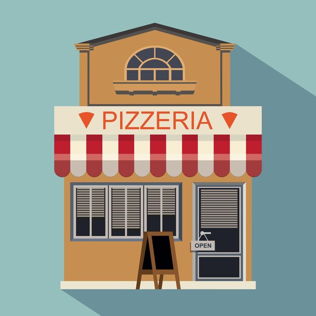 Ilustración de pizzería pequeña tienda retro linda tienda o boutique
