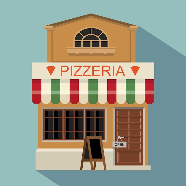 Ilustración de pizzería pequeña tienda retro linda tienda o boutique