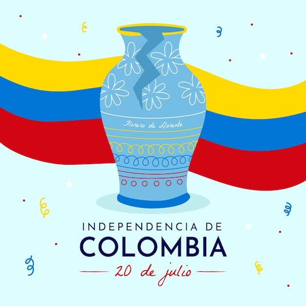 Ilustración plana del 20 de julio con jarrón y bandera.