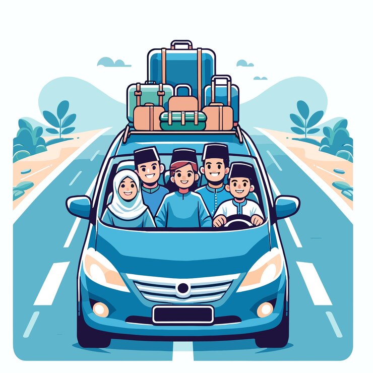 Ilustración plana 2D Alegre viaje por carretera de Eid Diversión familiar en el camino a la celebración