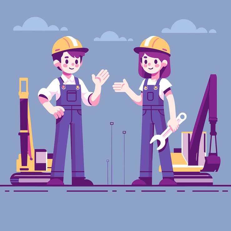 Ilustración plana 2D de la colaboración del equipo de construcción en el sitio de construcción