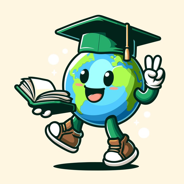 Ilustración plana 2D de Graduate Globe un globo con un libro titulado Tierra sostenido por una mano