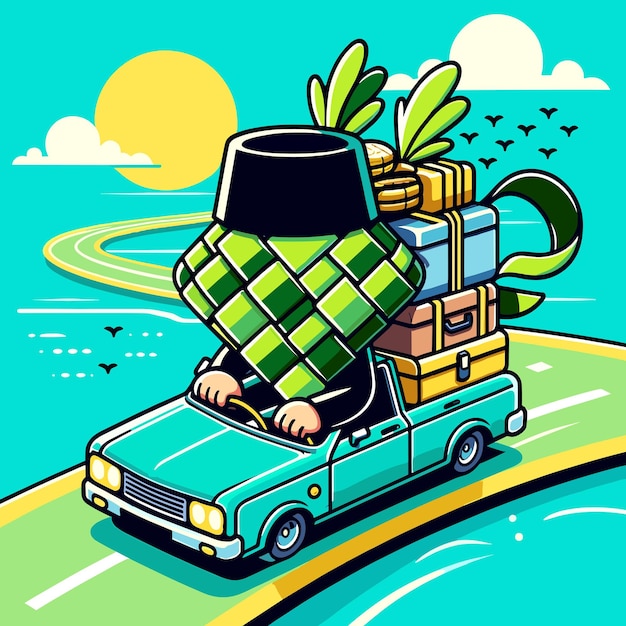 Vector ilustración plana 2d del viaje por carretera de ramadán ketupat en movimiento