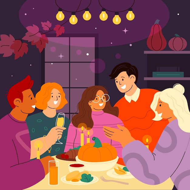 Vector ilustración plana de acción de amigos con amigos cenando juntos en la mesa