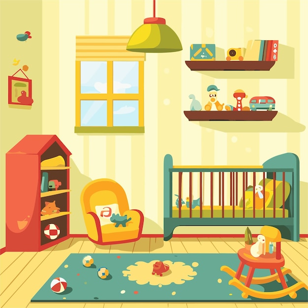 Vector ilustración plana de una acogedora habitación infantil para bebé interior amarillo de la habitación del bebé alta resolución