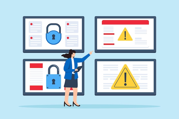 Ilustración plana de un analista de ciberseguridad monitoreando múltiples pantallas con datos encriptados y alertas de amenazas