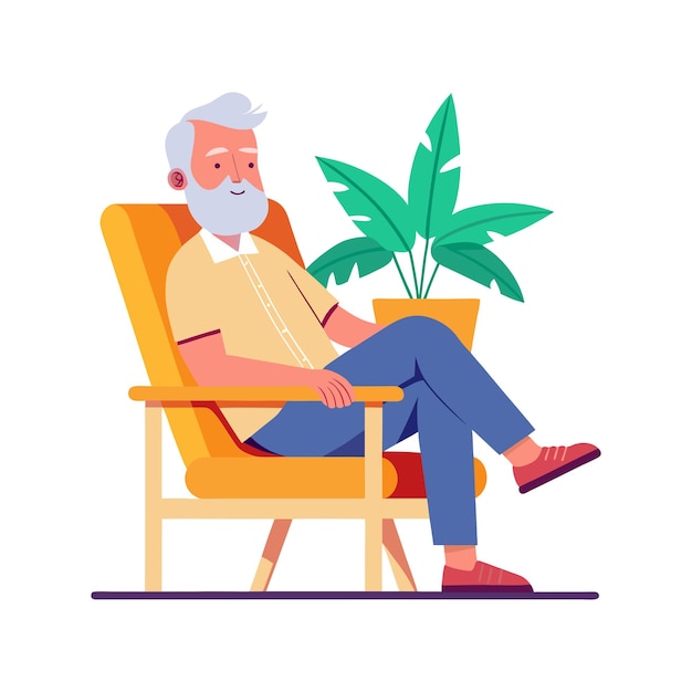 una ilustración plana de un anciano sentado en una silla con un pent azul con una olla de planeta
