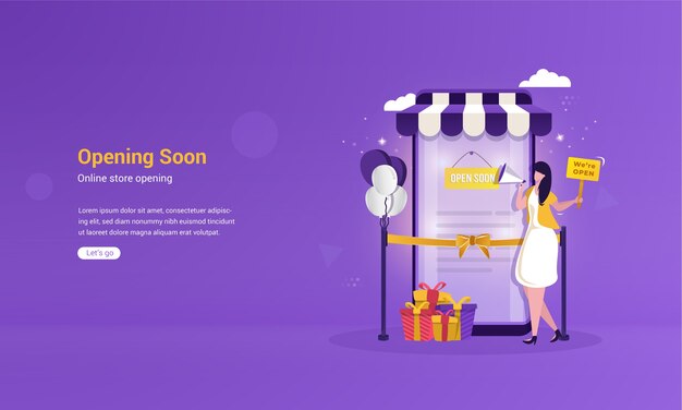 Ilustración plana de apertura próxima para el concepto de tienda online