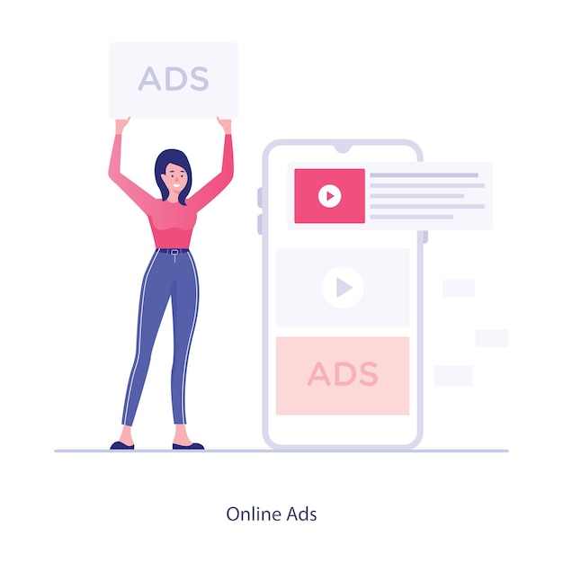 Ilustración plana de aplicaciones promocionales y marketing móvil de anuncios en línea.