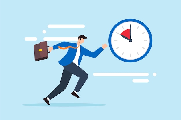 Ilustración plana de apresurado hombre de negocios corre rápido como el reloj muestra el tiempo que se agota simbolizando la urgencia de terminar el trabajo
