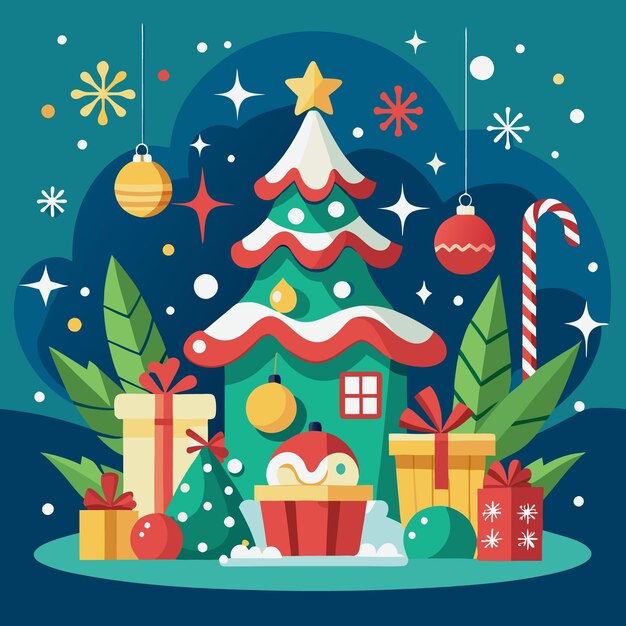 Ilustración plana del árbol de Navidad con adornos de regalos y bastones de caramelo