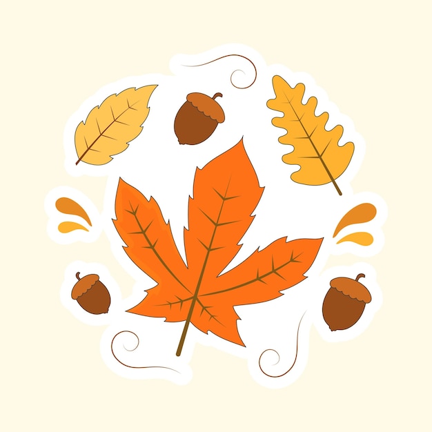 Vector ilustración plana de bellota con fondo decorado con hojas de otoño