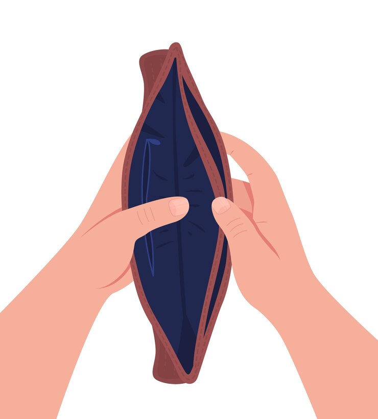 Ilustración plana billetera vacía. Recesión financiera, desempleado.