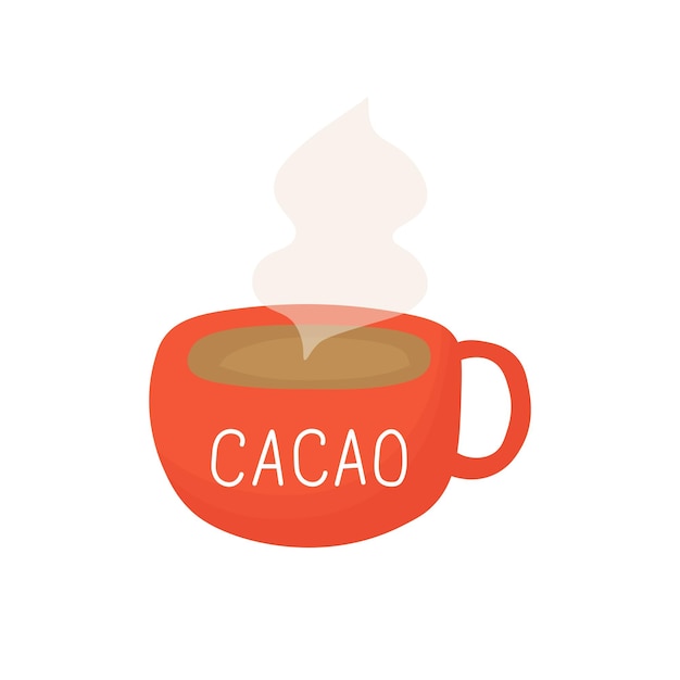 Ilustración plana de cacao caliente en taza roja con la inscripción Café y taza de chocolate caliente