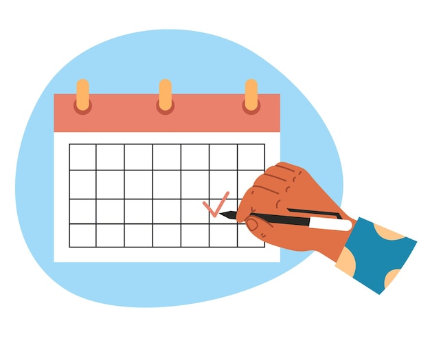 Ilustración plana del calendario de la mano con la marca del lápiz