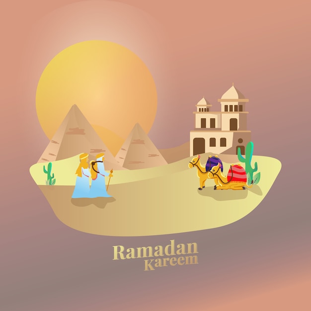 Ilustración plana de caminante en el desierto para Ramadán Kareem