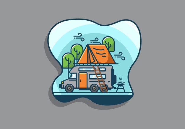 Ilustración plana de camping de coche en la azotea