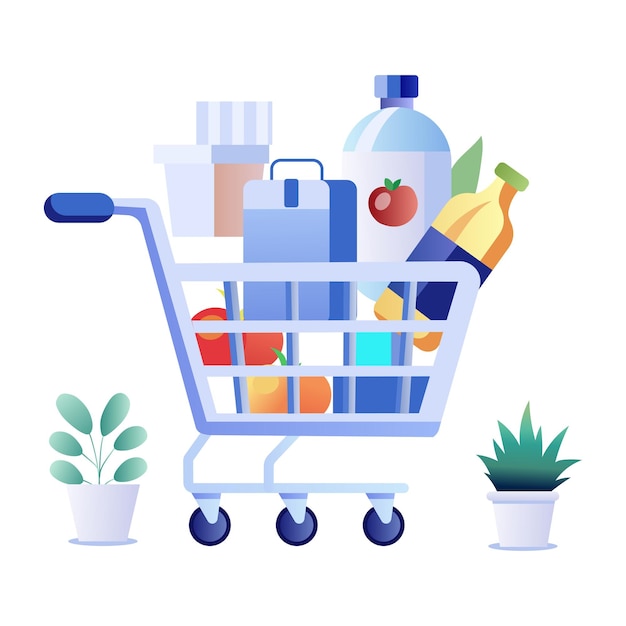 Una ilustración plana de un carrito de compras lleno de comestibles