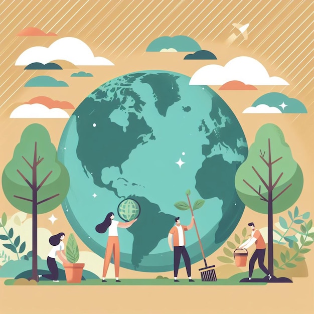 Ilustración plana del cartel del Día de la Tierra con personas que cuidan del globo terrestre y cuidan de las plantas
