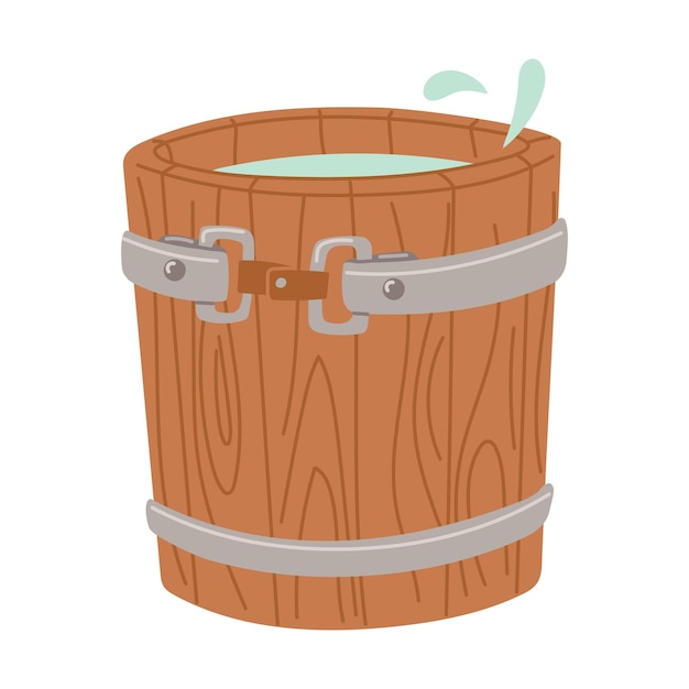 Ilustración plana de una casa de baño de barril de madera Tabas de madera con agua fría Baños rústicos Cuenca de madera