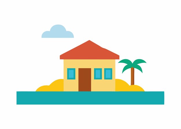 Ilustración plana de la casa de la playa sobre un fondo blanco