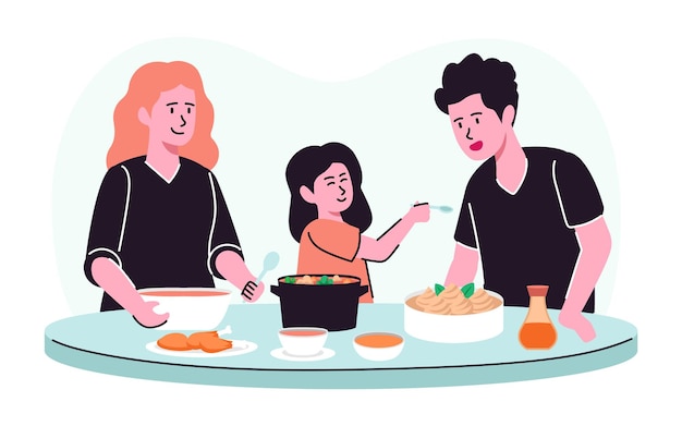 Ilustración plana para la celebración de Acción de Gracias con personas comiendo y bebiendo