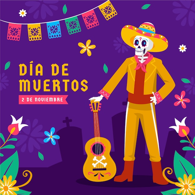 Ilustración plana para la celebración del dia de muertos