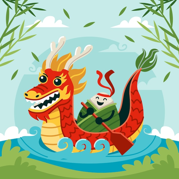 Ilustración plana para la celebración del festival del barco del dragón chino