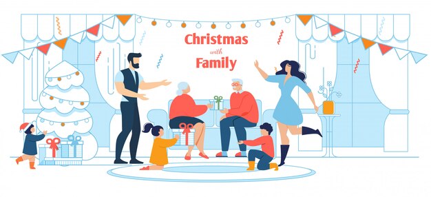 Ilustración plana de celebración de Navidad todo en la familia