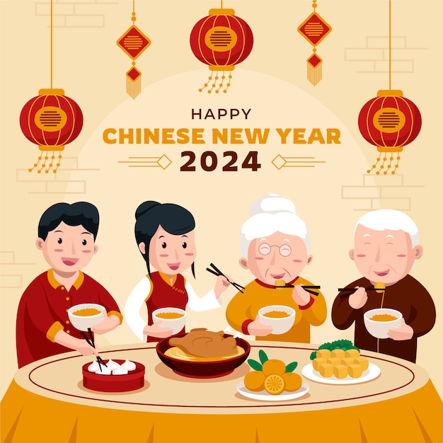 Vector ilustración plana para la cena de reunión de año nuevo chino