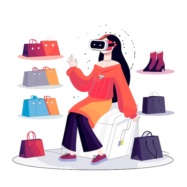 Una ilustración plana de una chica haciendo compras virtuales