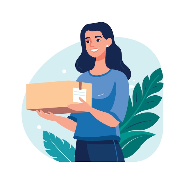 Vector ilustración plana chica linda mensajera con una caja en sus manos símbolo de entrega servicio de mensajería a casa