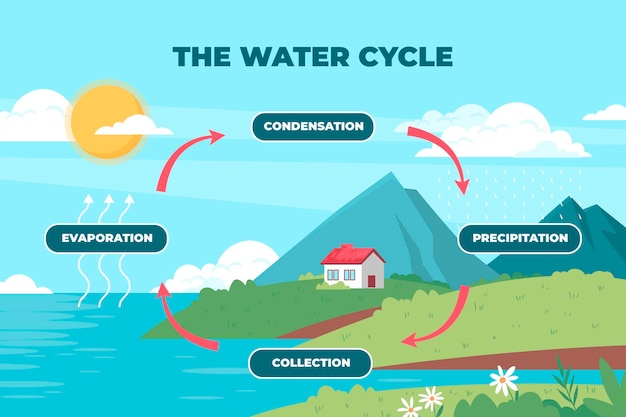 Ilustración plana del ciclo del agua