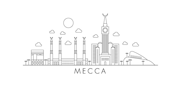 Ilustración plana de la ciudad de La Meca dibujo de líneas de viajes de vacaciones de la meca ilustración de la meca de lineart moderno
