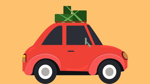 Ilustración plana del coche con equipaje en el techo superior