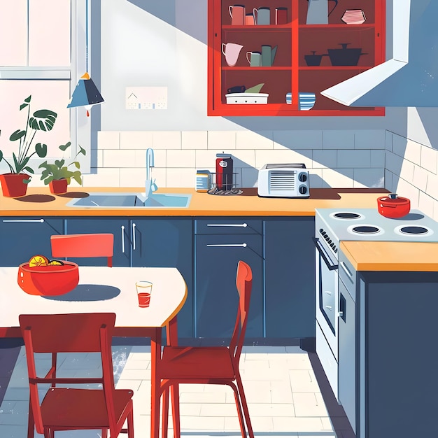 Vector ilustración plana de una cocina moderna elegante azul y blanca de alta calidad