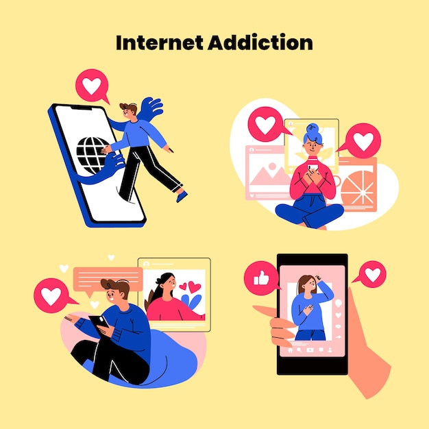 Ilustración plana de la colección de adicciones a Internet
