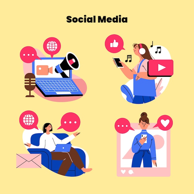 Ilustración plana de la colección de redes sociales