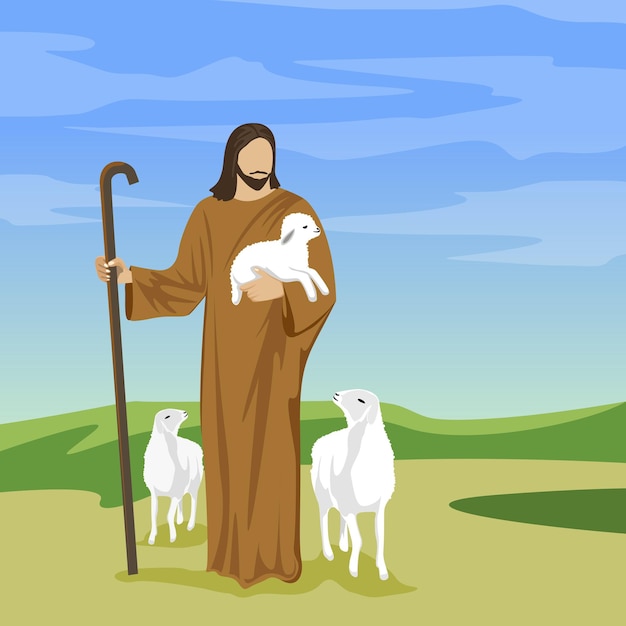 Ilustración plana en color con el concepto de jesús con pastoreo amoroso de ovejas